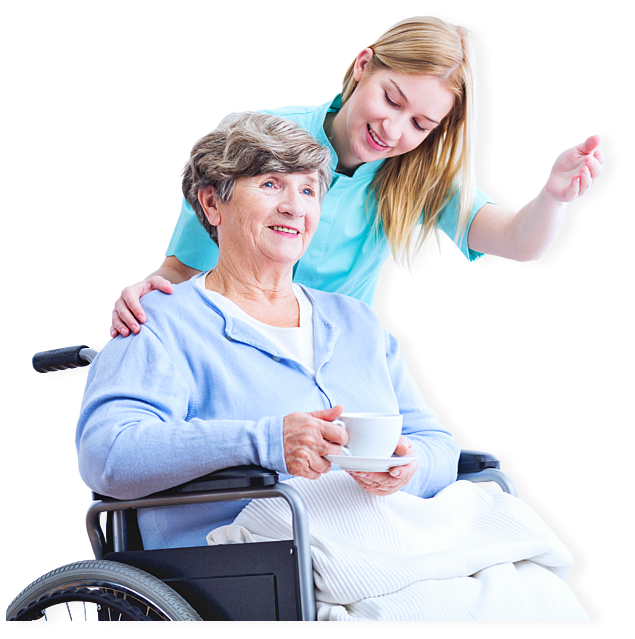 caregiver and senior woman with wheelchair are smiling