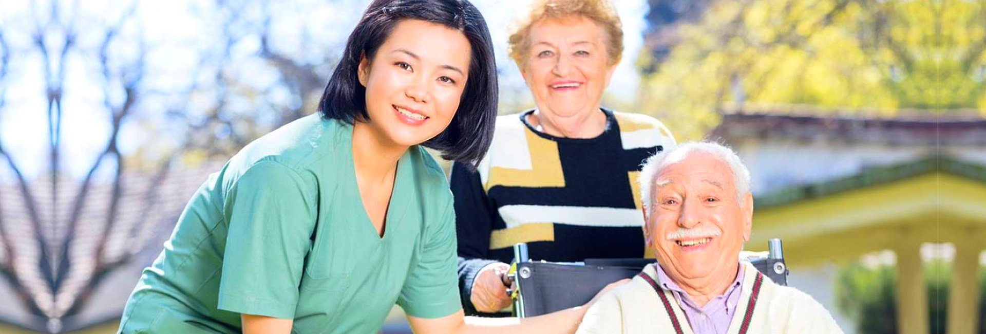 couple seniors and caregiver are smiling
