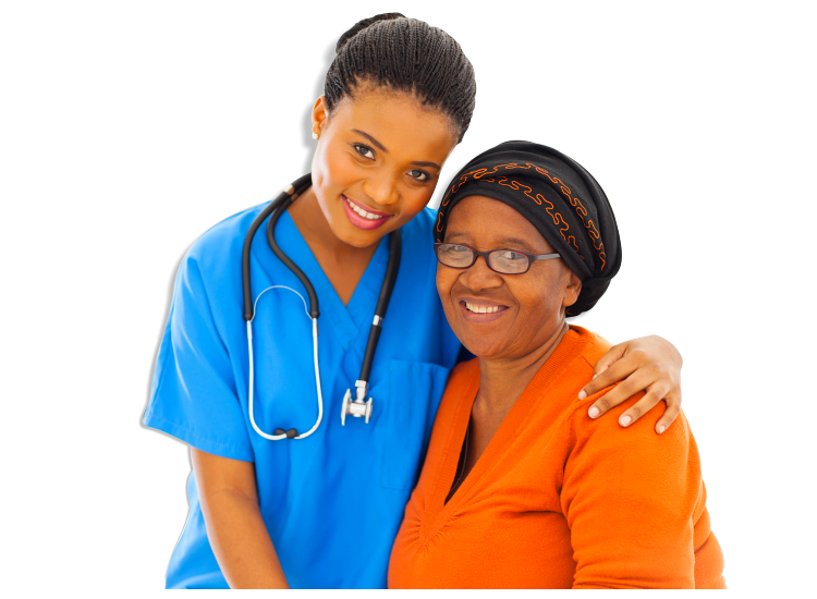 Friendly caring young nurse and senior patient